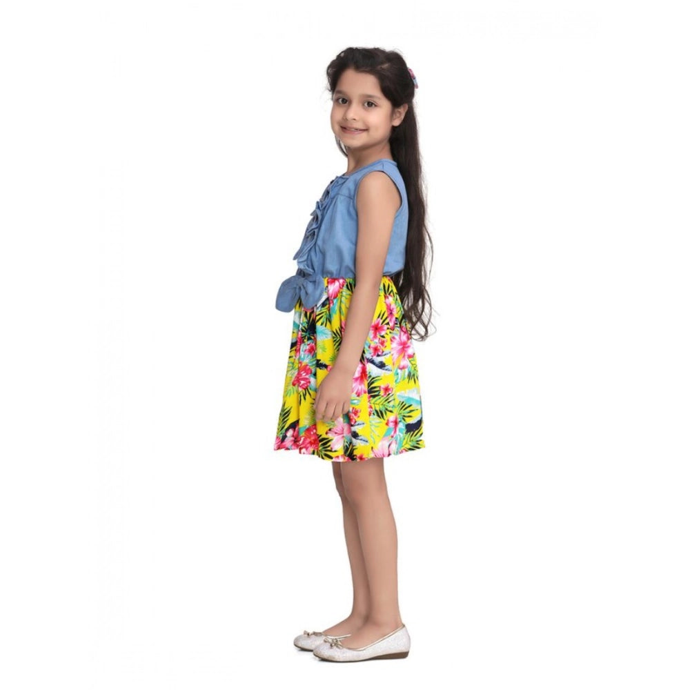 Girl's Denim Floral Sleeveless Dress - Blue-Yellow