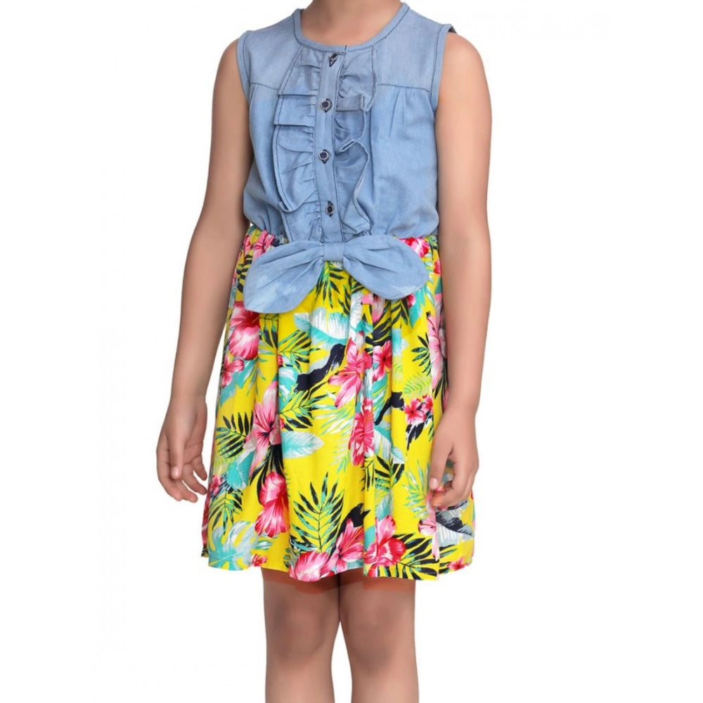 Girl's Denim Floral Sleeveless Dress - Blue-Yellow