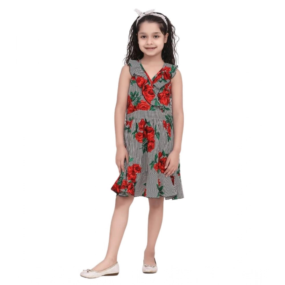 Girl's Polyester Crepe Floral Shoulder Straps Dress - Red