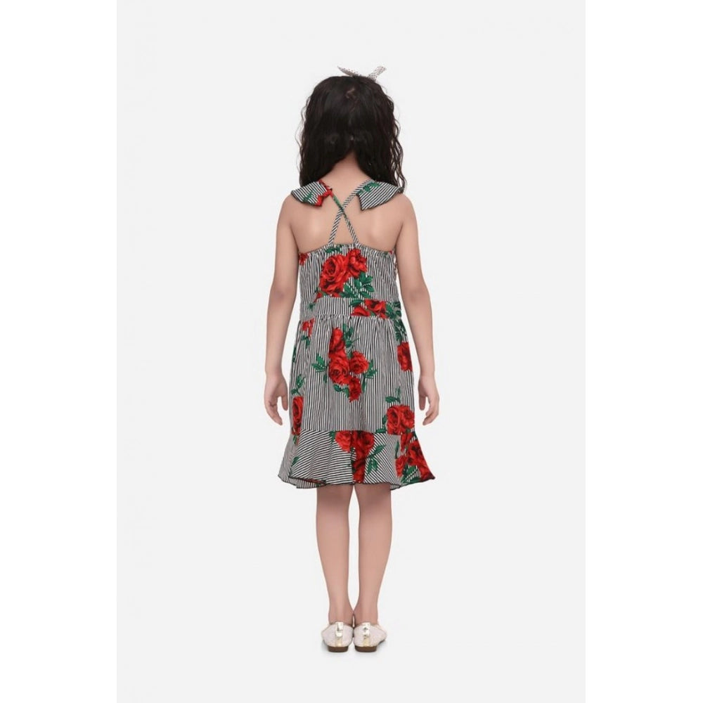 Girl's Polyester Crepe Floral Shoulder Straps Dress - Red