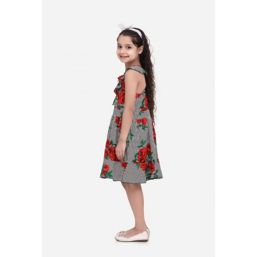 Girl's Polyester Crepe Floral Shoulder Straps Dress - Red