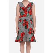 Girl's Polyester Crepe Floral Shoulder Straps Dress - Red