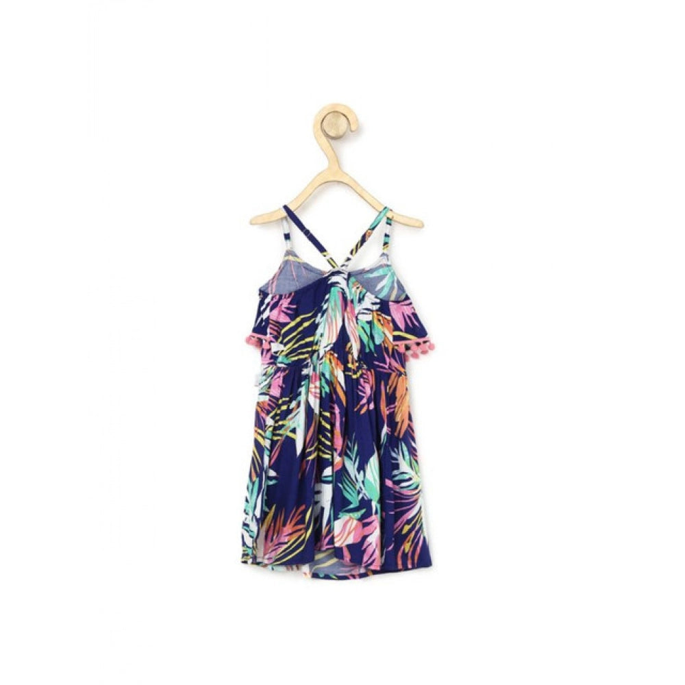 Girl's Rayon Printed Shoulder Straps Dress - Navy Blue
