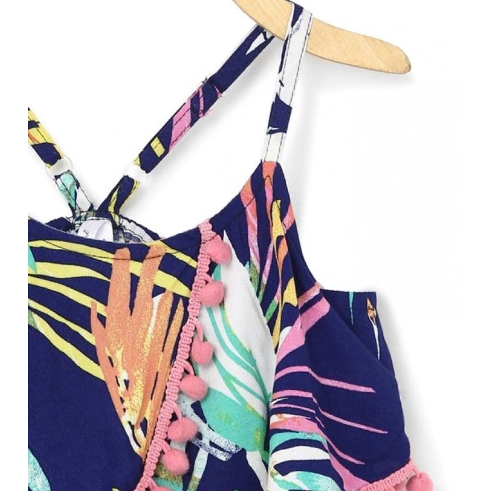 Girl's Rayon Printed Shoulder Straps Dress - Navy Blue