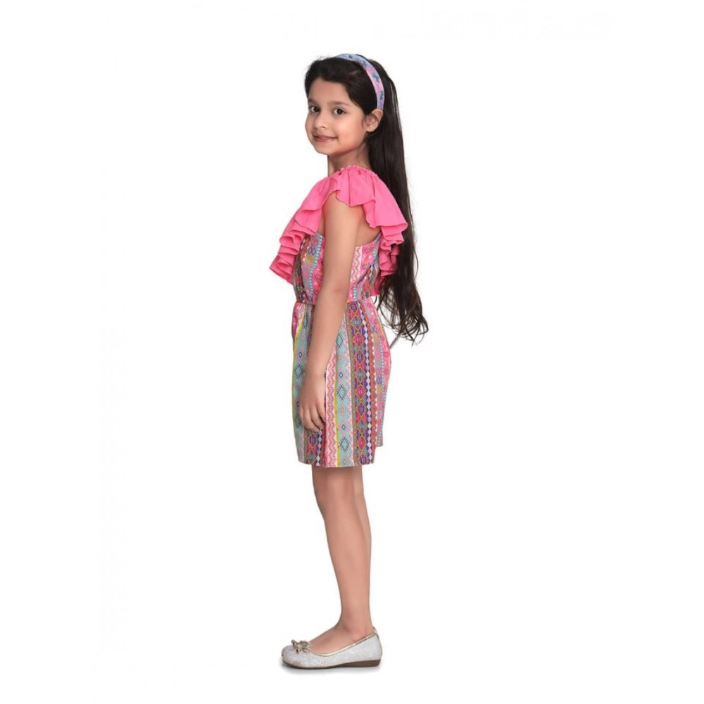 Girl's Cotton &amp; Polyester Printed 3/4th Sleeves Dress - Pink