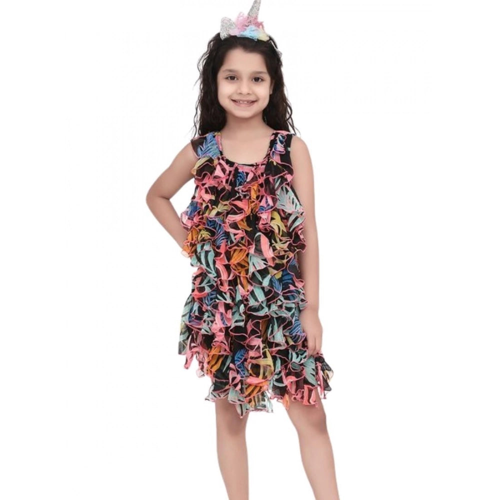 Girl's Chiffon Ruffled Sleeveless Dress - Black