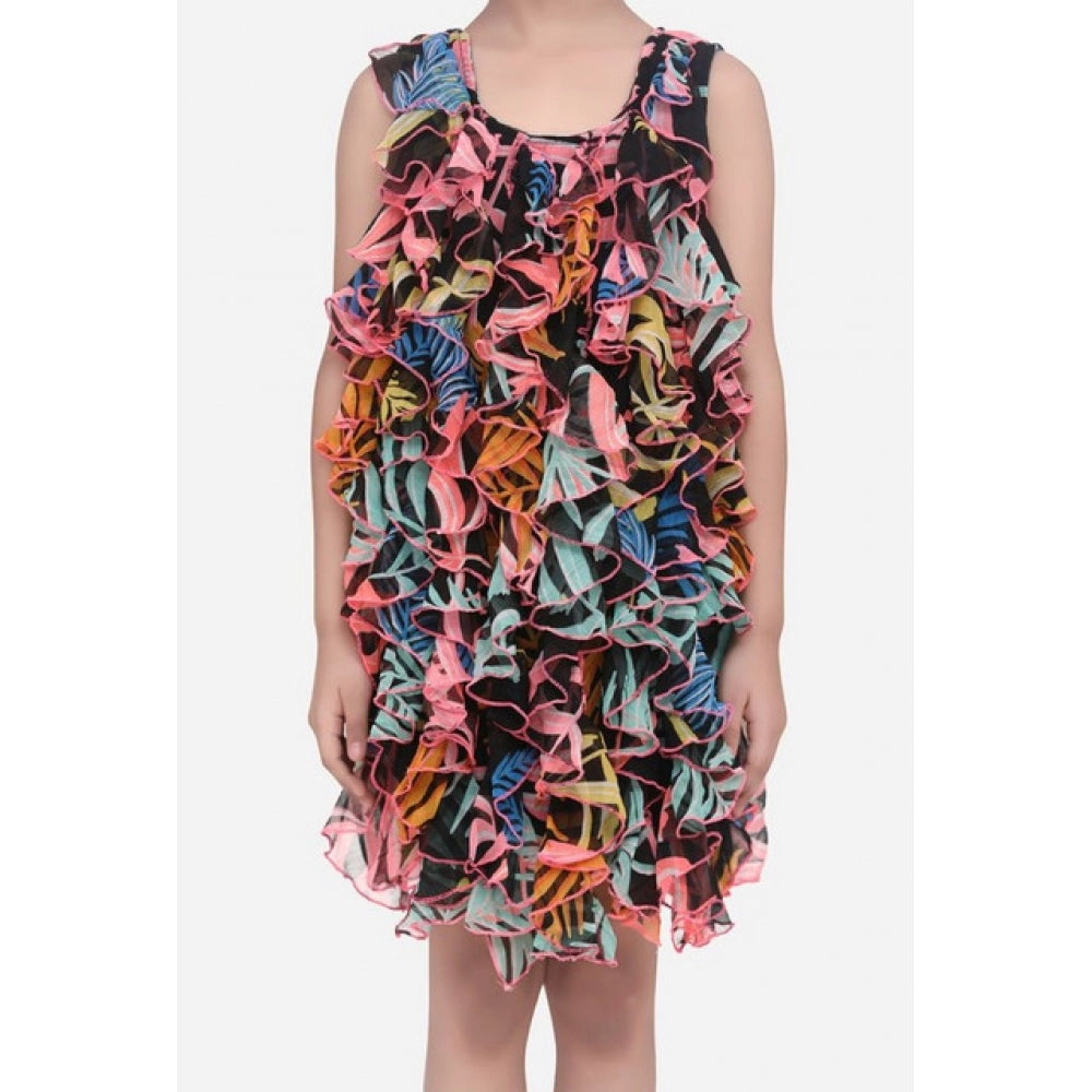Girl's Chiffon Ruffled Sleeveless Dress - Black