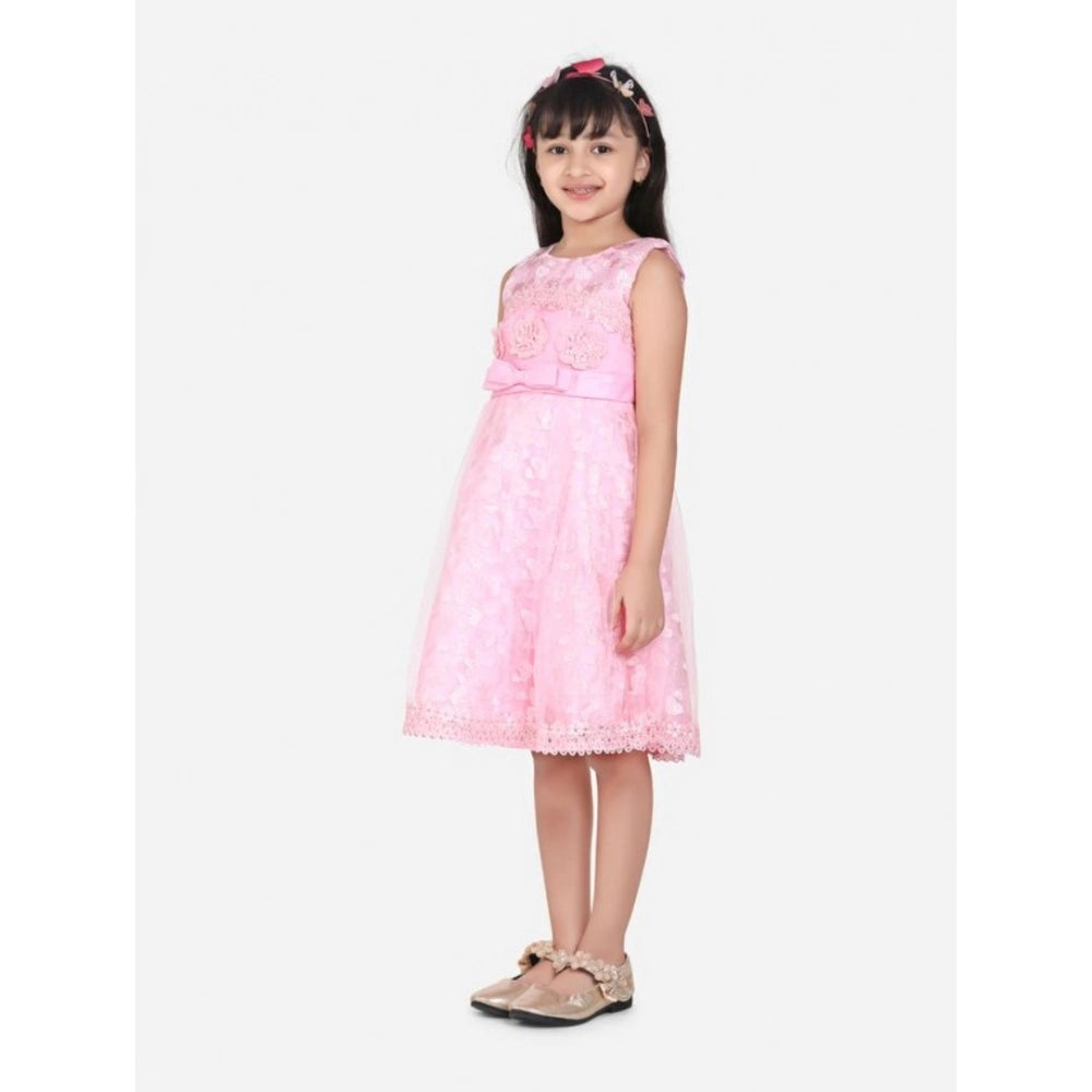 Girl's Net Embroidered Sleeveless Dress - Pink