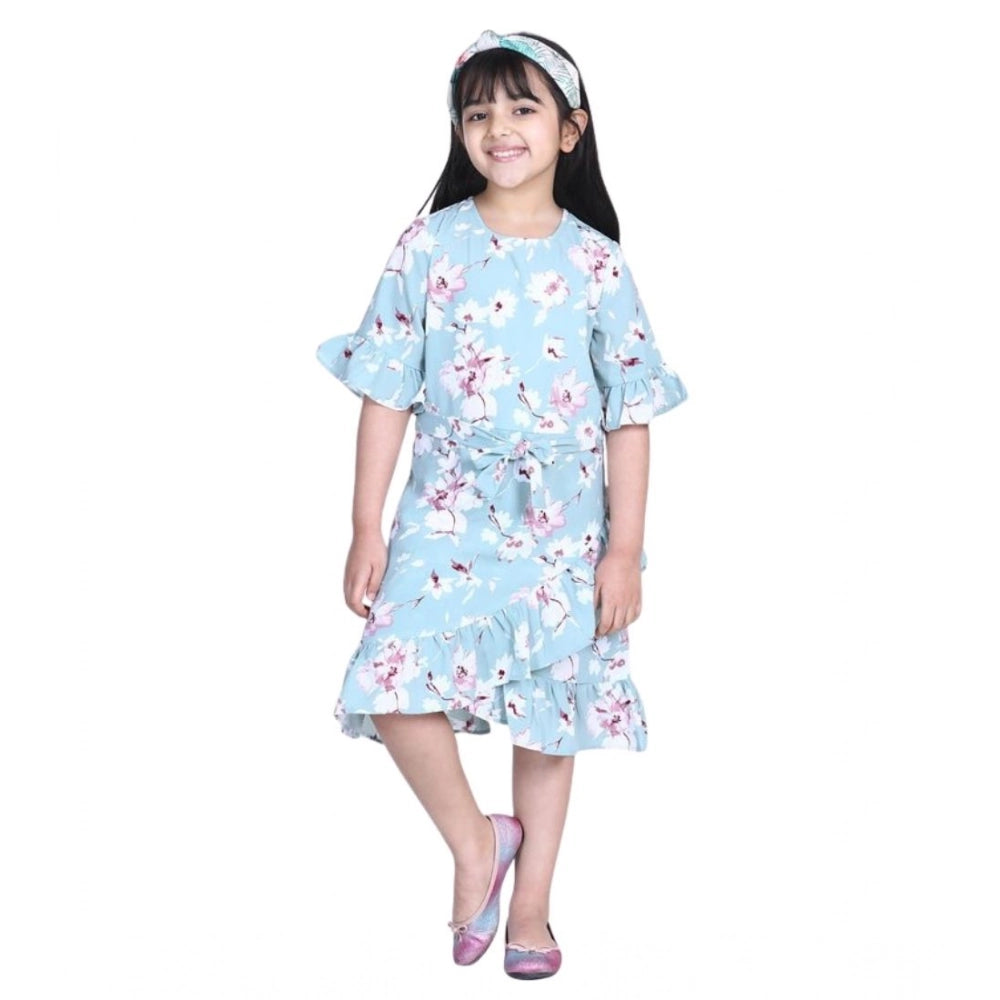 Girl's Polyester Crepe Floral Bell Sleeve Dress - Turquoise Blue