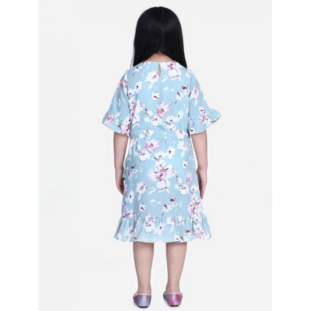 Girl's Polyester Crepe Floral Bell Sleeve Dress - Turquoise Blue