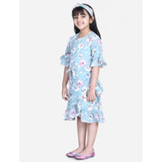 Girl's Polyester Crepe Floral Bell Sleeve Dress - Turquoise Blue