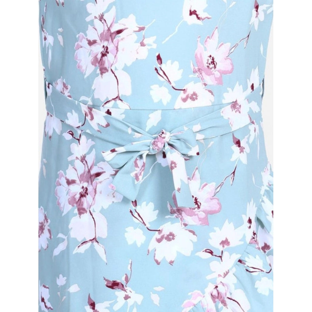 Girl's Polyester Crepe Floral Bell Sleeve Dress - Turquoise Blue