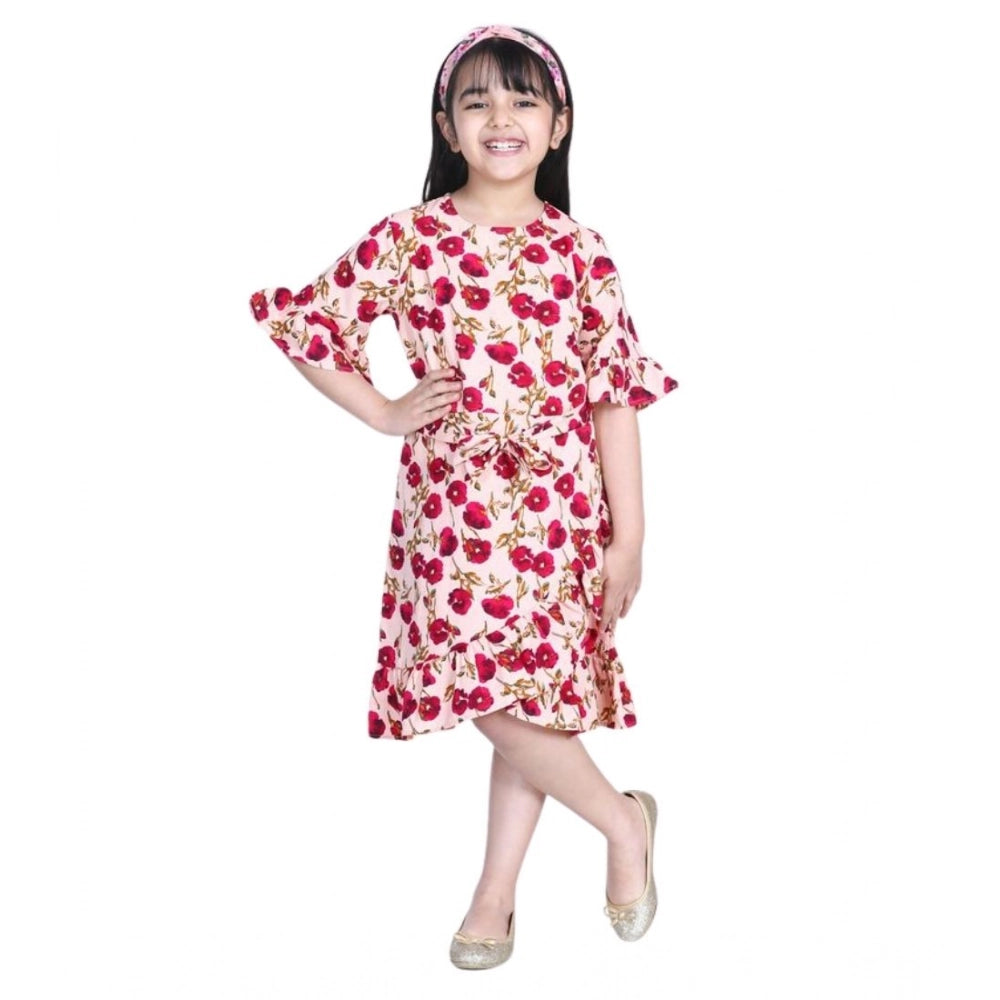 Girl's Polyester Crepe Floral Bell Sleeve Dress - Red-Pink