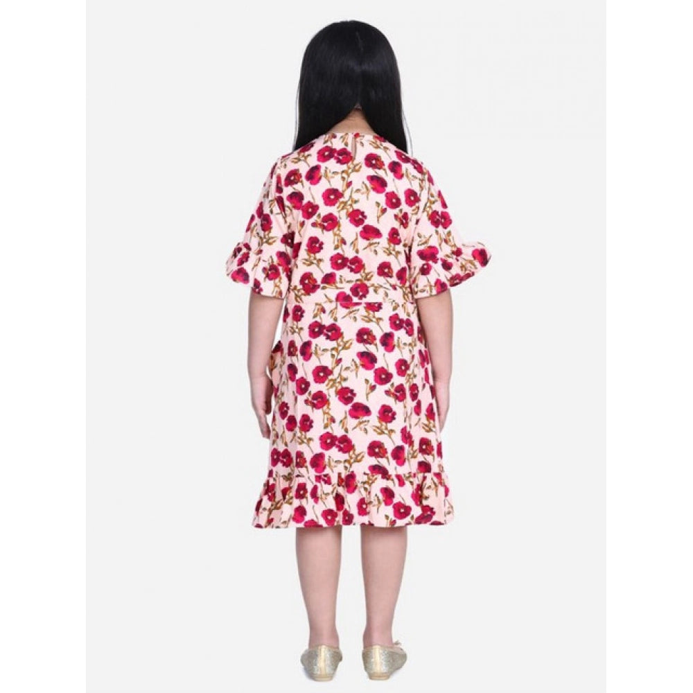 Girl's Polyester Crepe Floral Bell Sleeve Dress - Red-Pink