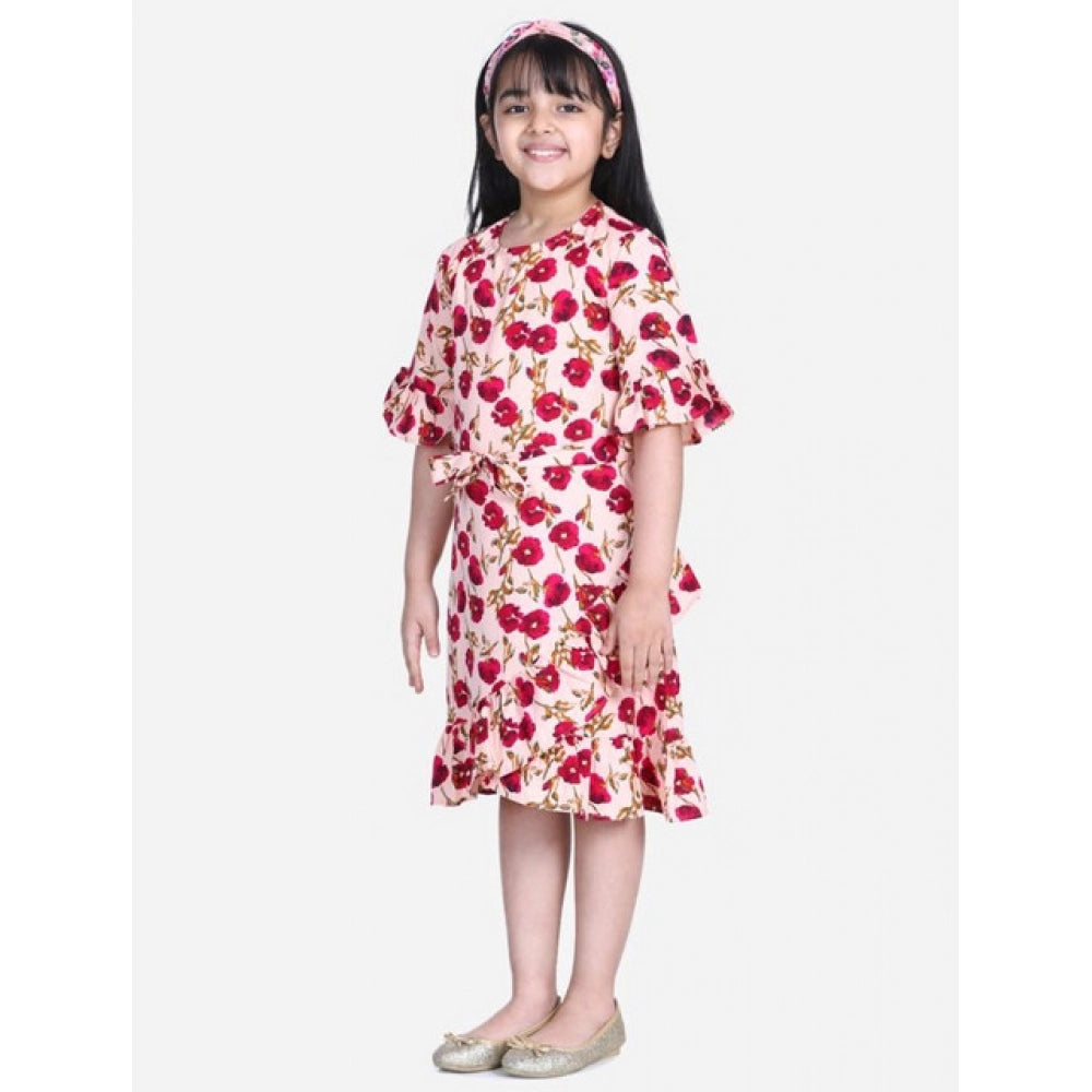 Girl's Polyester Crepe Floral Bell Sleeve Dress - Red-Pink