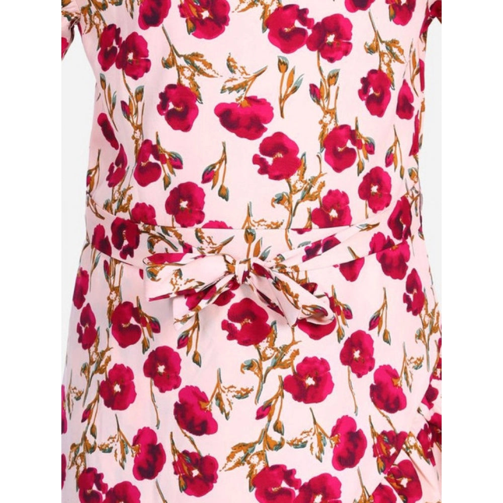 Girl's Polyester Crepe Floral Bell Sleeve Dress - Red-Pink