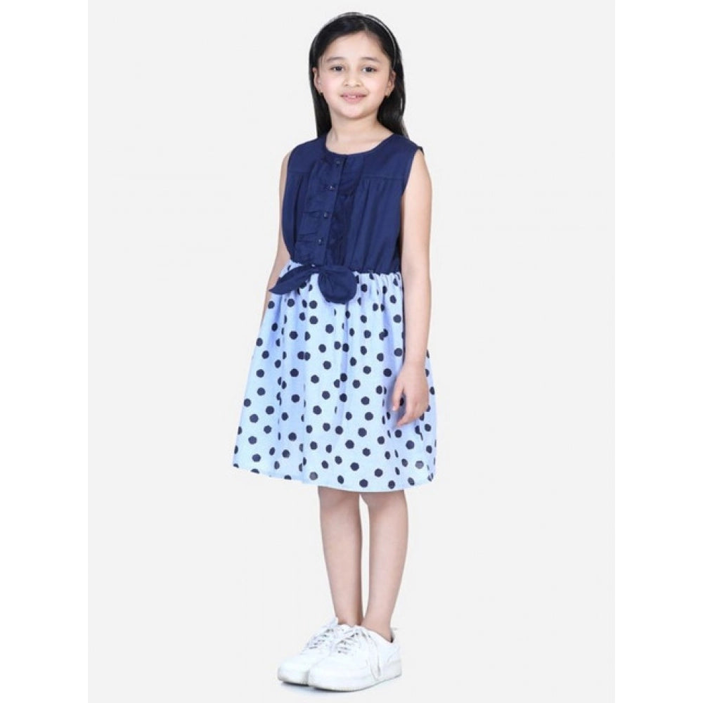 Girl's Denim Polka Sleeveless Dress - Blue