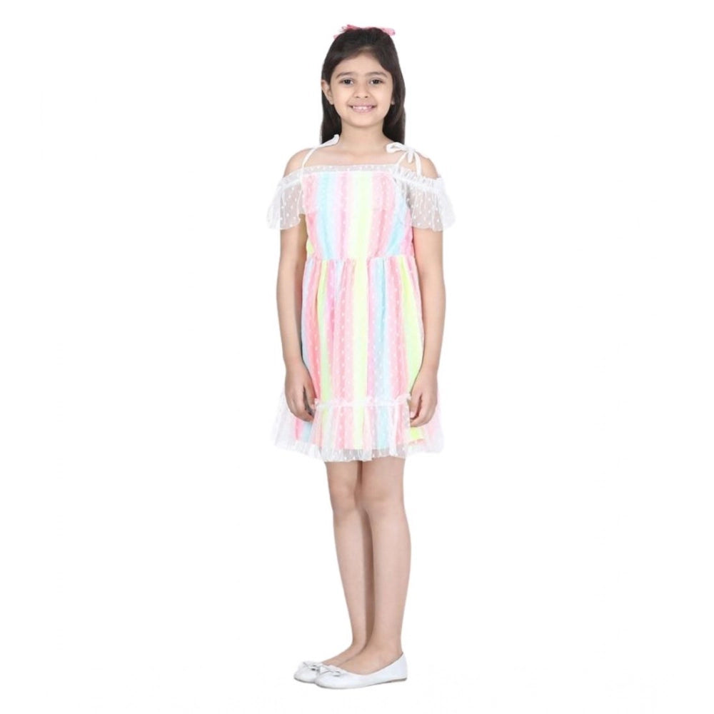 Girl's Polyester Self Design Cold Shoulder Dress - Multicolor