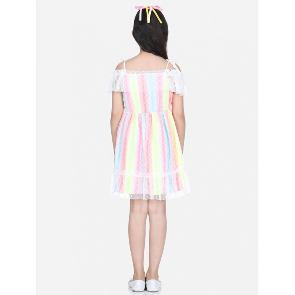 Girl's Polyester Self Design Cold Shoulder Dress - Multicolor