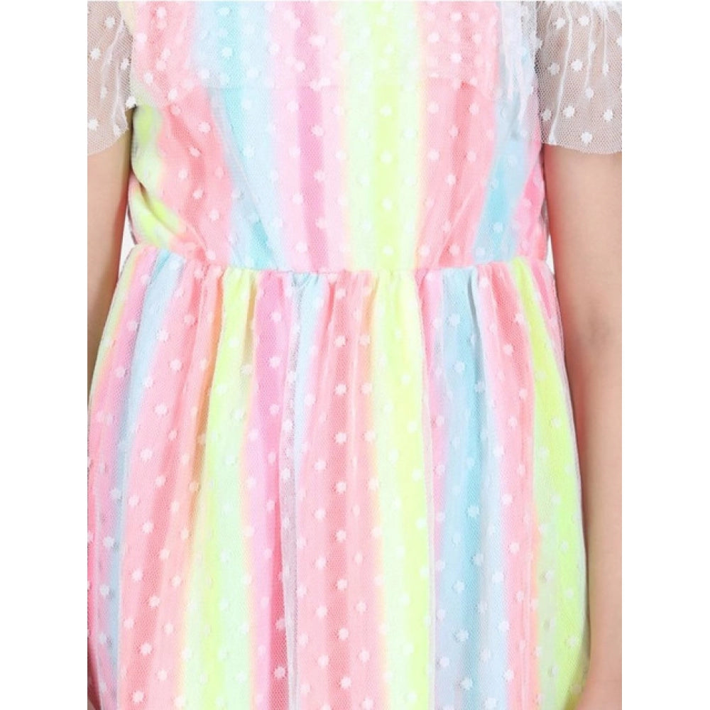 Girl's Polyester Self Design Cold Shoulder Dress - Multicolor