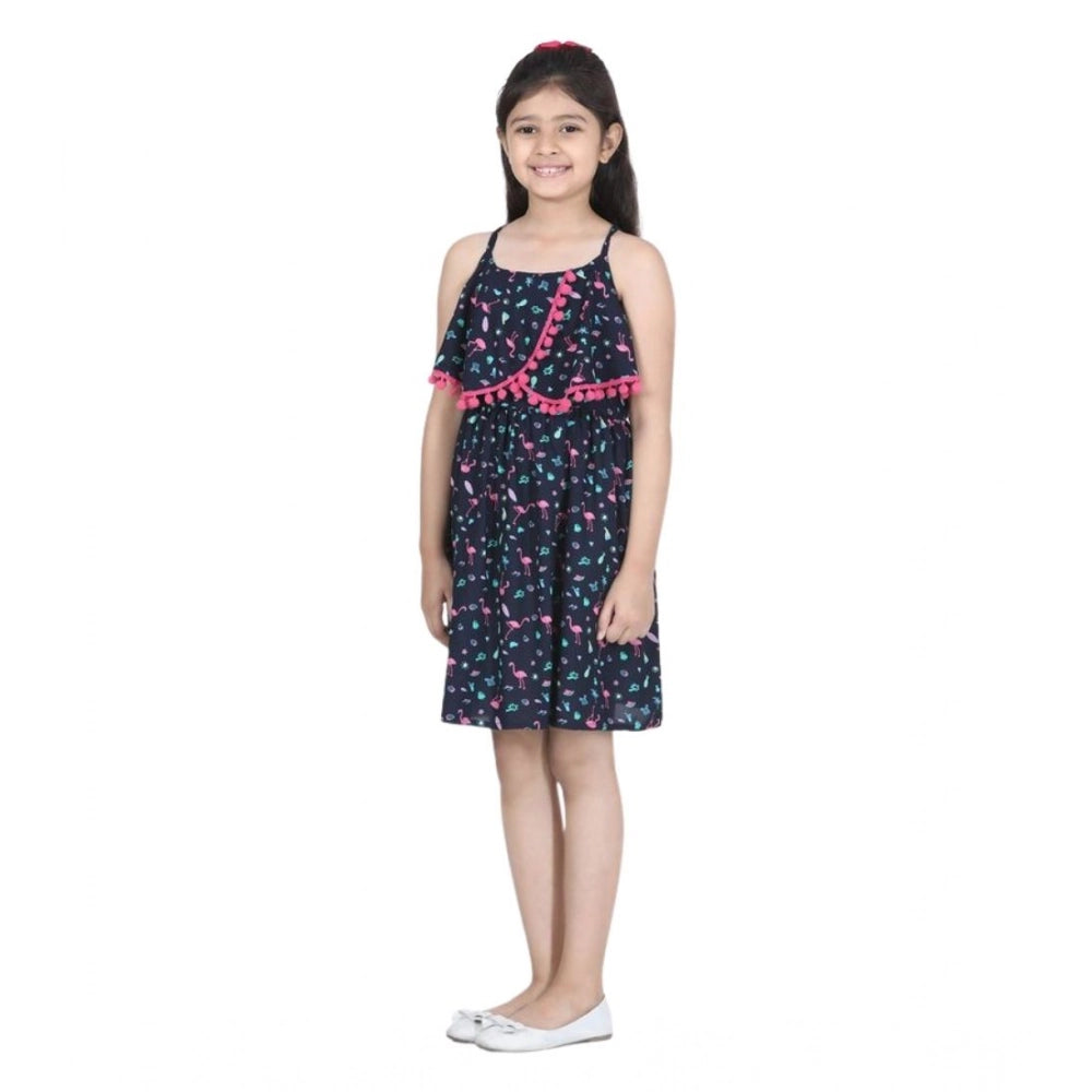 Girl's Rayon Flamingo Print Sleeveless Dress - Black