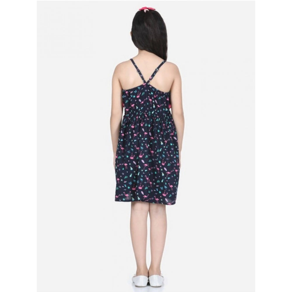 Girl's Rayon Flamingo Print Sleeveless Dress - Black