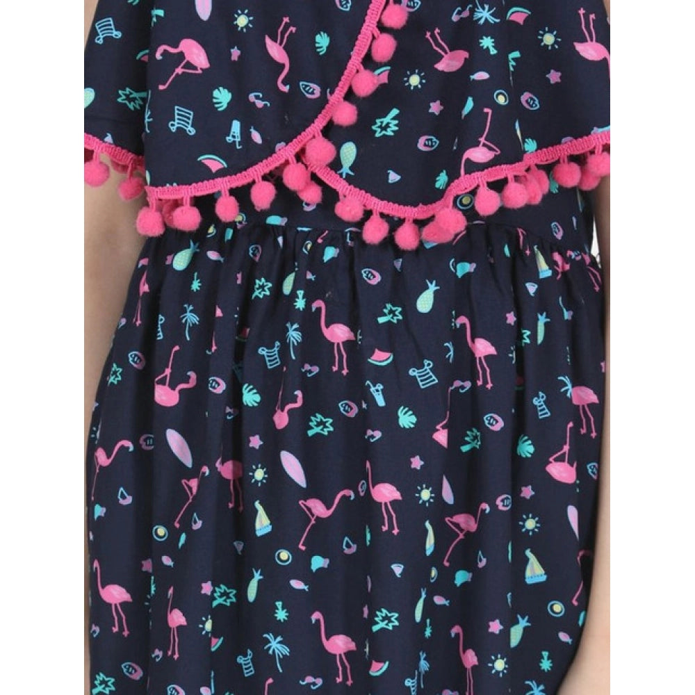 Girl's Rayon Flamingo Print Sleeveless Dress - Black