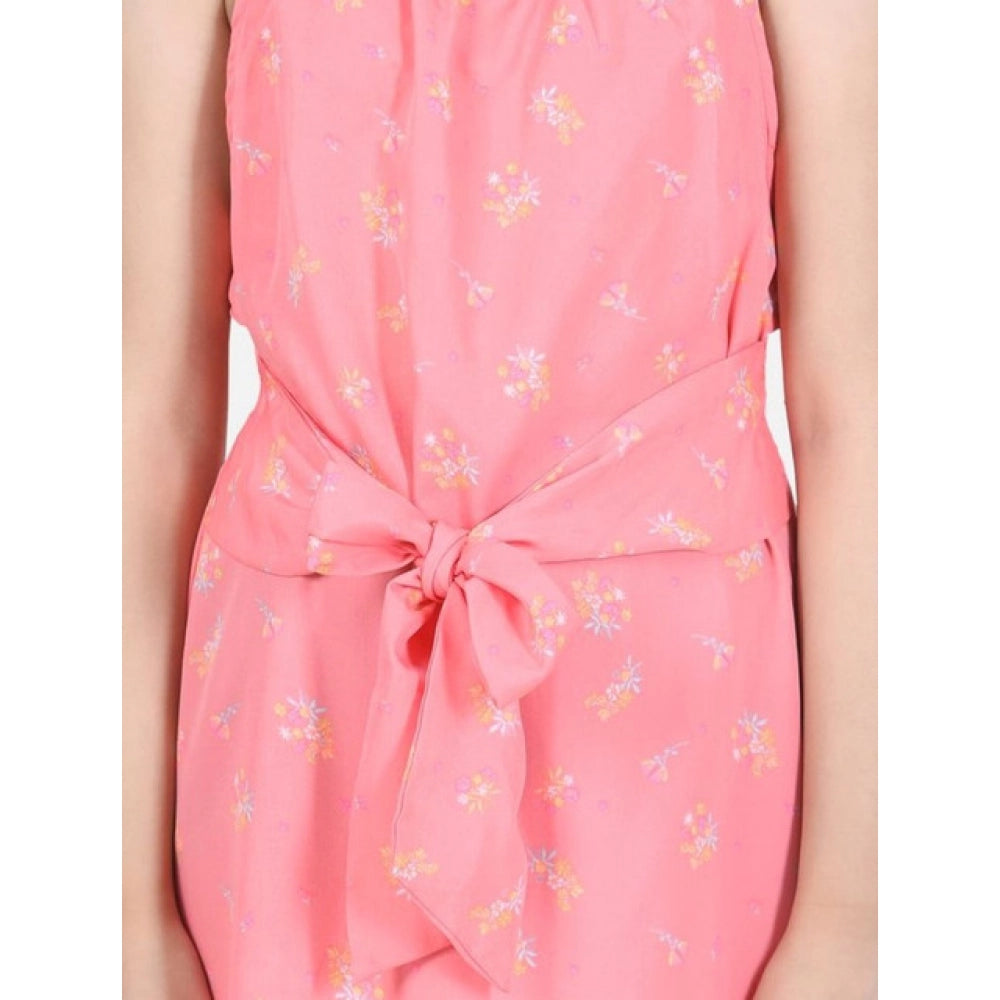 Girl's Polyester Floral Short Sleeve Dress - Coral
