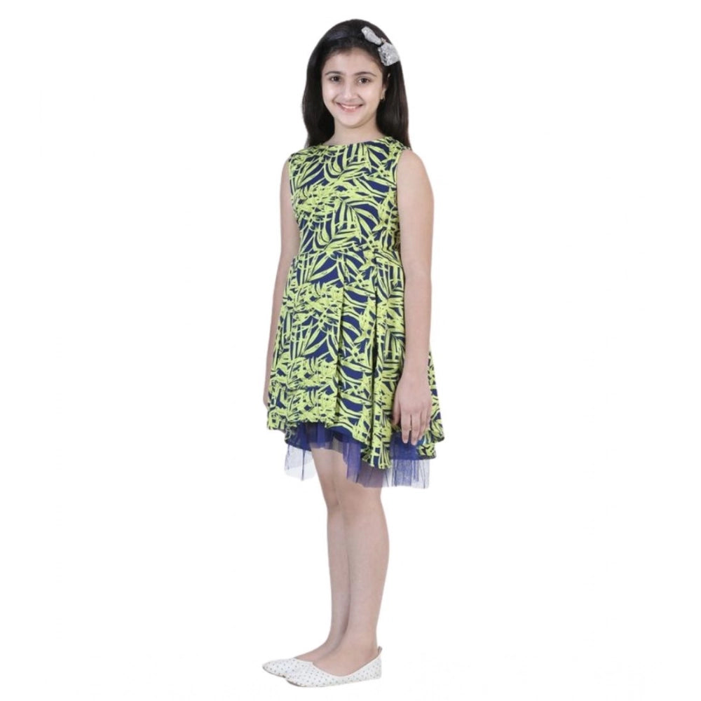 Girl's Polyester Crepe &amp; Net Printed Sleeveless Dress - Yellow-Blue