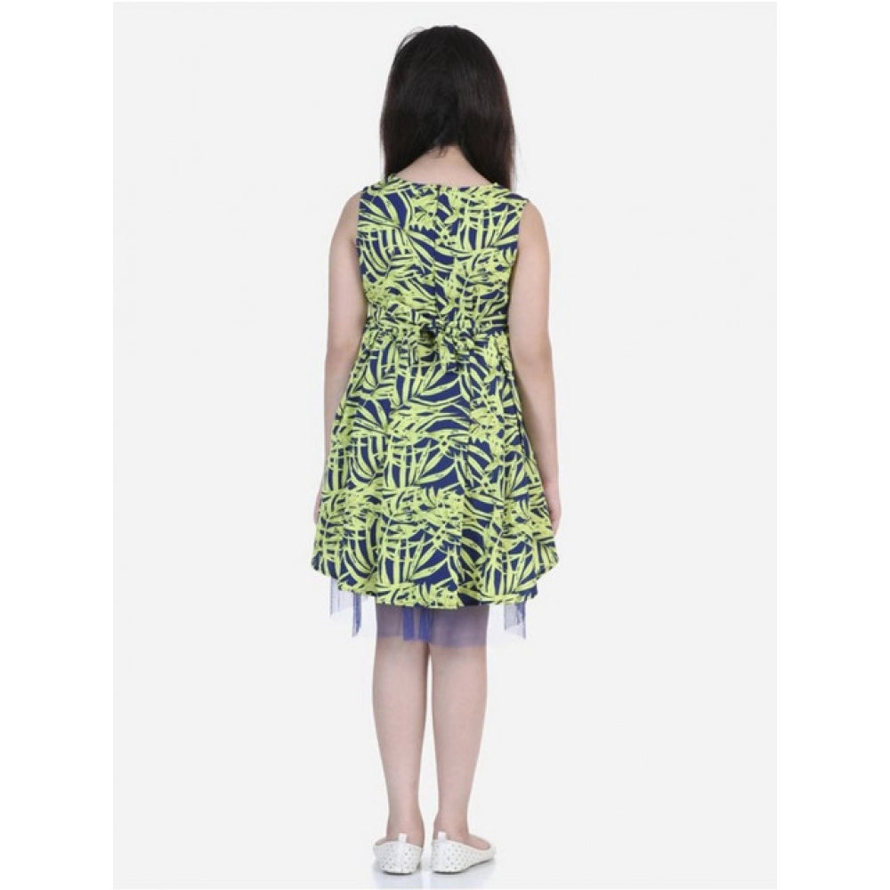 Girl's Polyester Crepe &amp; Net Printed Sleeveless Dress - Yellow-Blue
