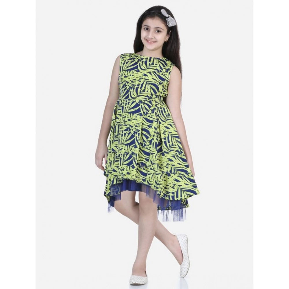 Girl's Polyester Crepe &amp; Net Printed Sleeveless Dress - Yellow-Blue