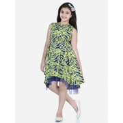 Girl's Polyester Crepe &amp; Net Printed Sleeveless Dress - Yellow-Blue