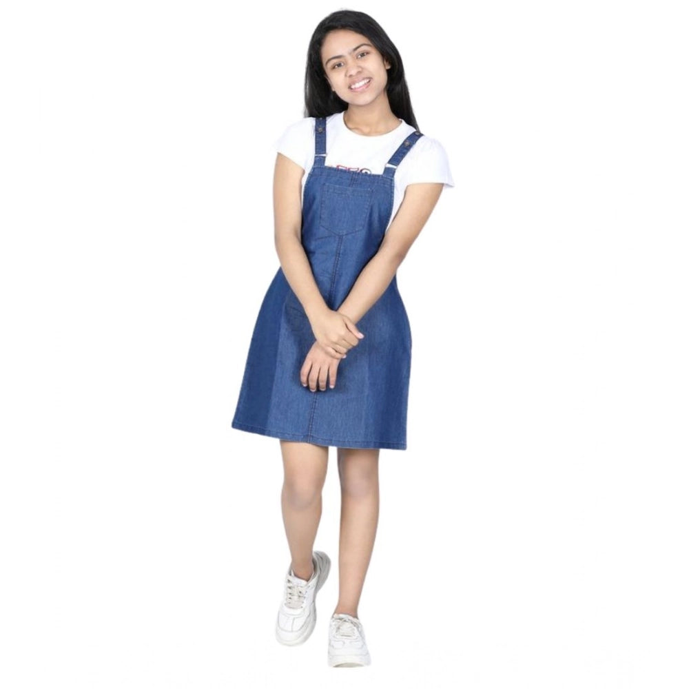 Girl's Denim Solid Sleeveless Dress - Blue