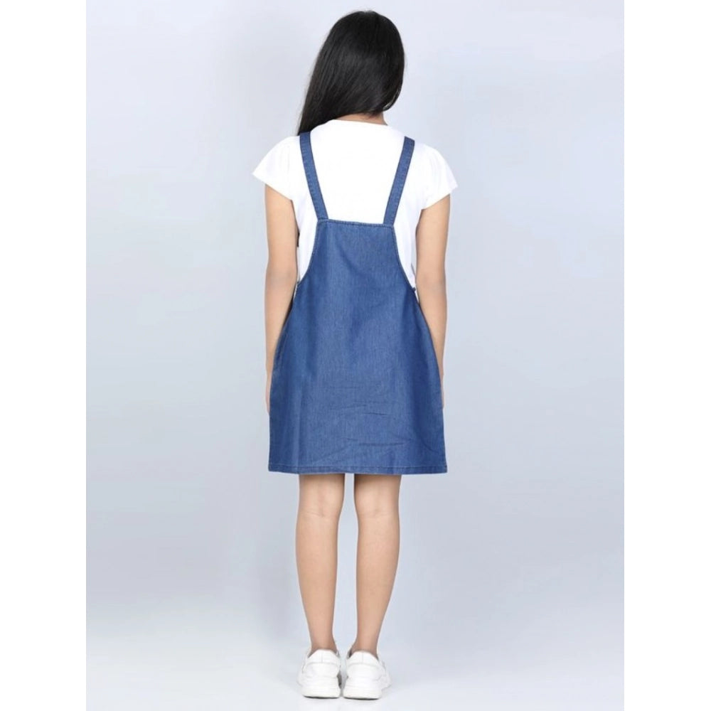 Girl's Denim Solid Sleeveless Dress - Blue