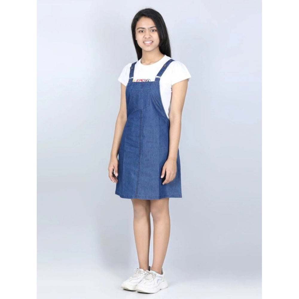 Girl's Denim Solid Sleeveless Dress - Blue