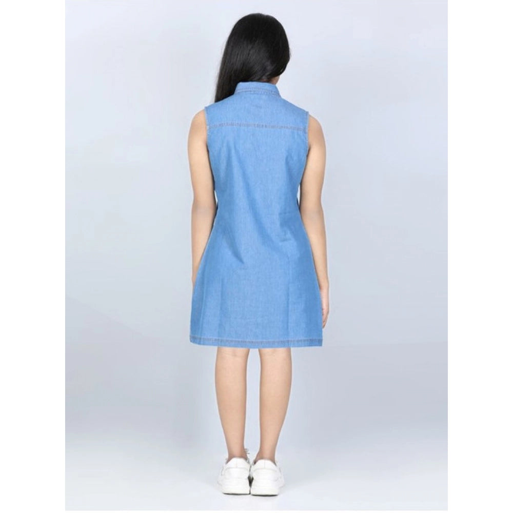 Girl's Denim Solid Cold Shoulder Dress - Blue