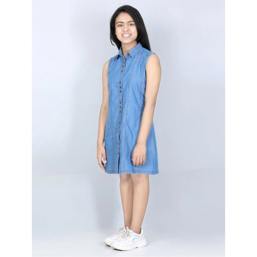 Girl's Denim Solid Cold Shoulder Dress - Blue