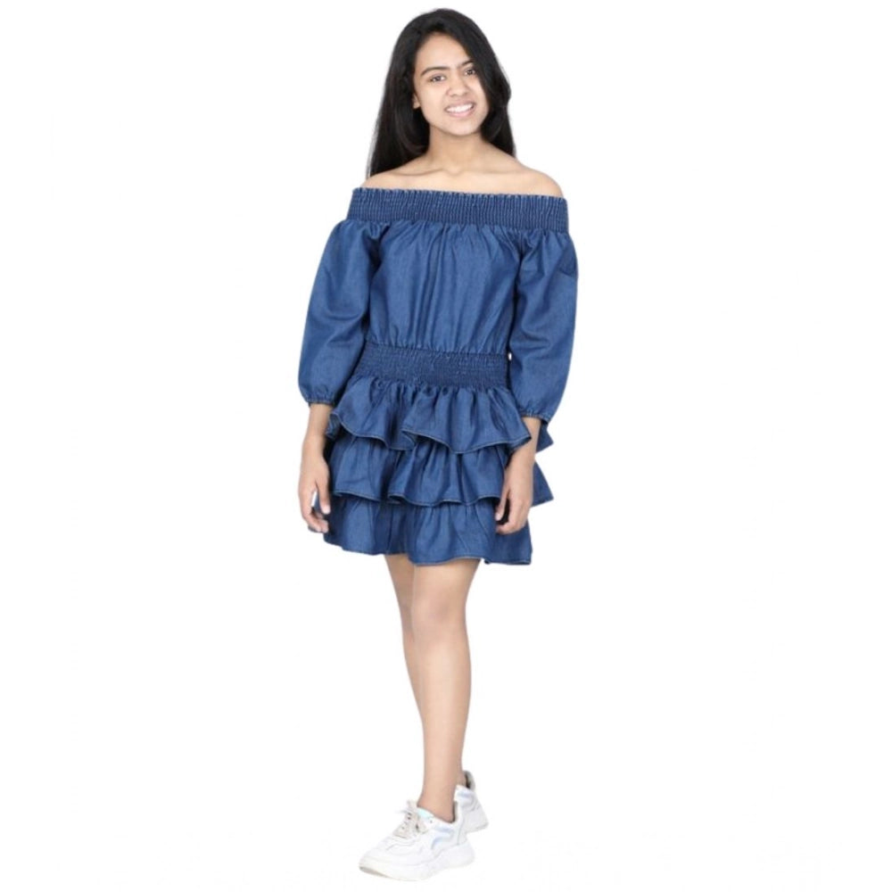 Girl's Denim Solid Off Shoulder Dress - Blue