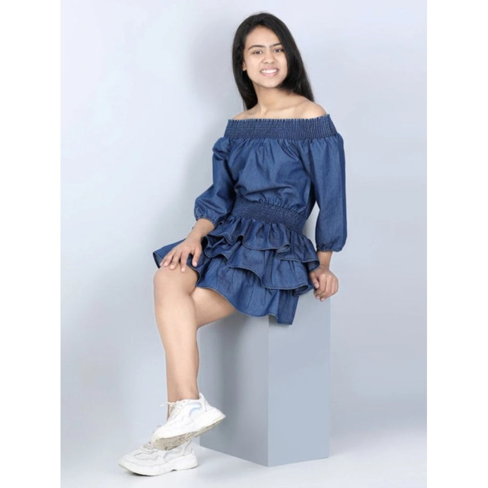 Girl's Denim Solid Off Shoulder Dress - Blue