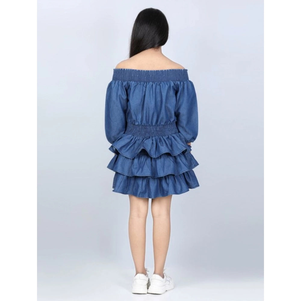 Girl's Denim Solid Off Shoulder Dress - Blue