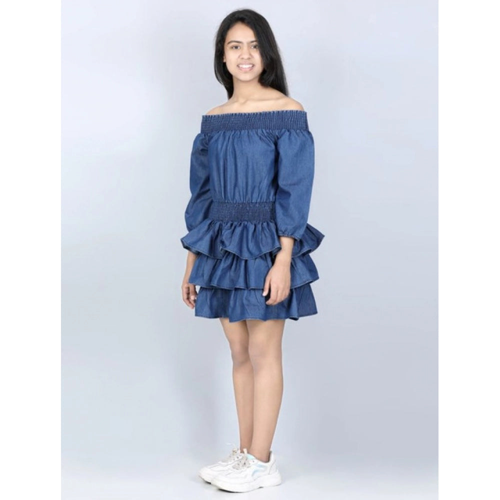 Girl's Denim Solid Off Shoulder Dress - Blue
