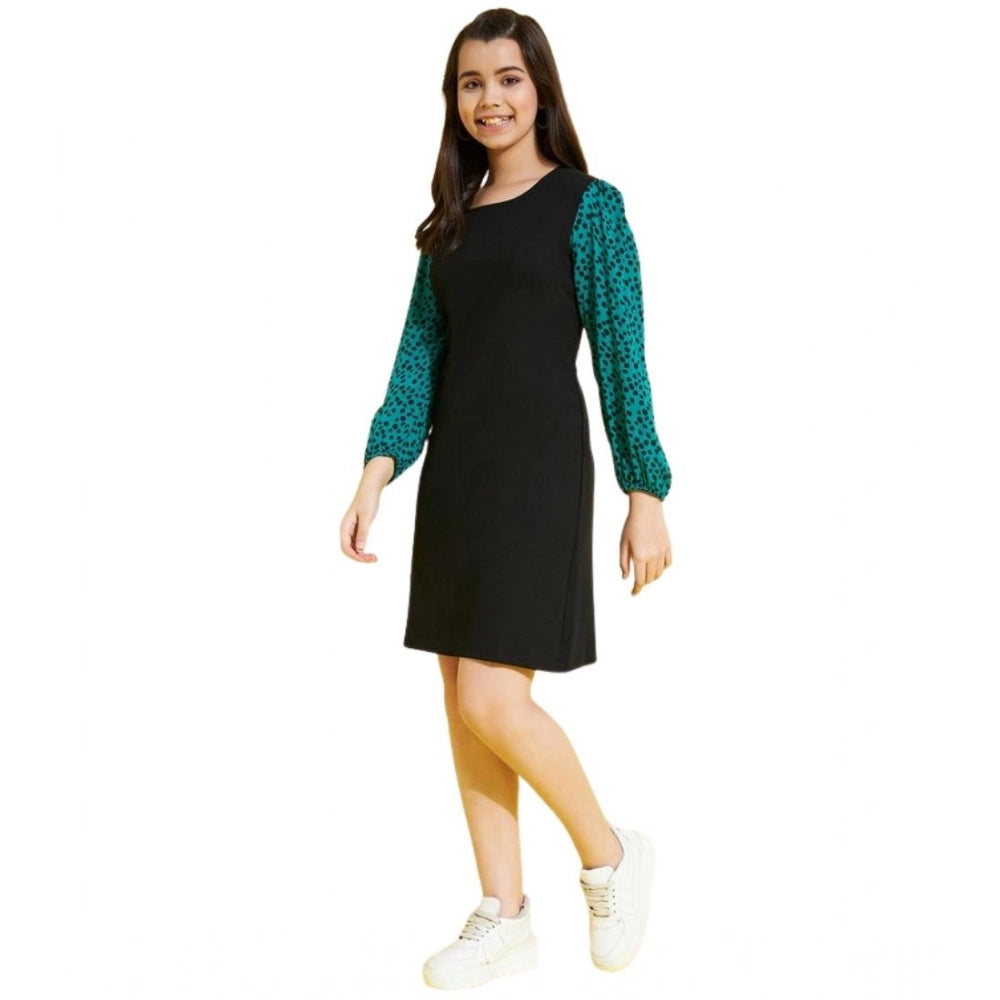 Girl's Polyester Printed Long Sleeves Dress - Black-Green
