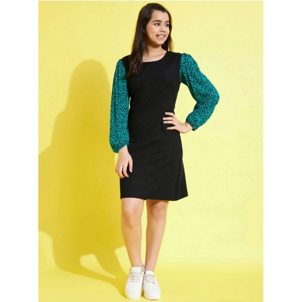 Girl's Polyester Printed Long Sleeves Dress - Black-Green