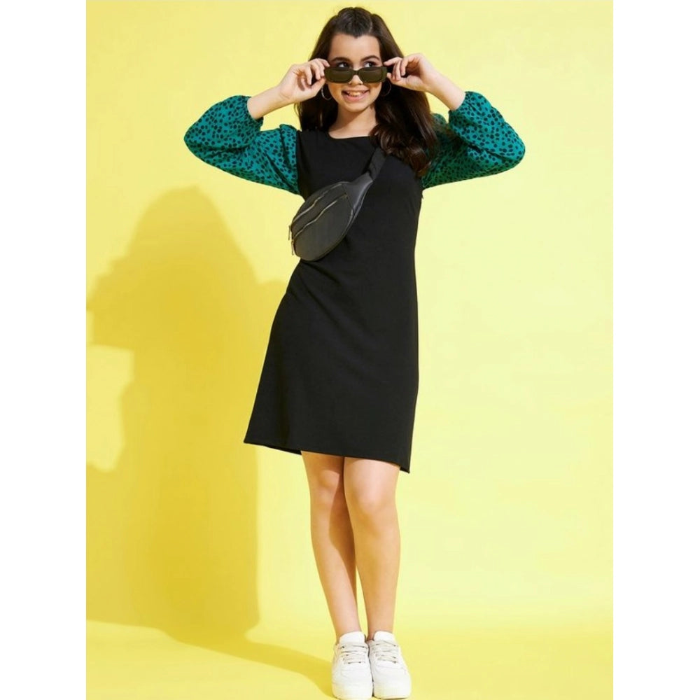Girl's Polyester Printed Long Sleeves Dress - Black-Green