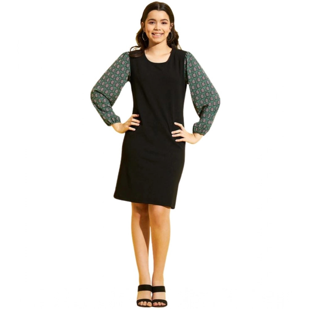Girl's Polyester Lycra Printed Sleeveless Dress - Green-Black