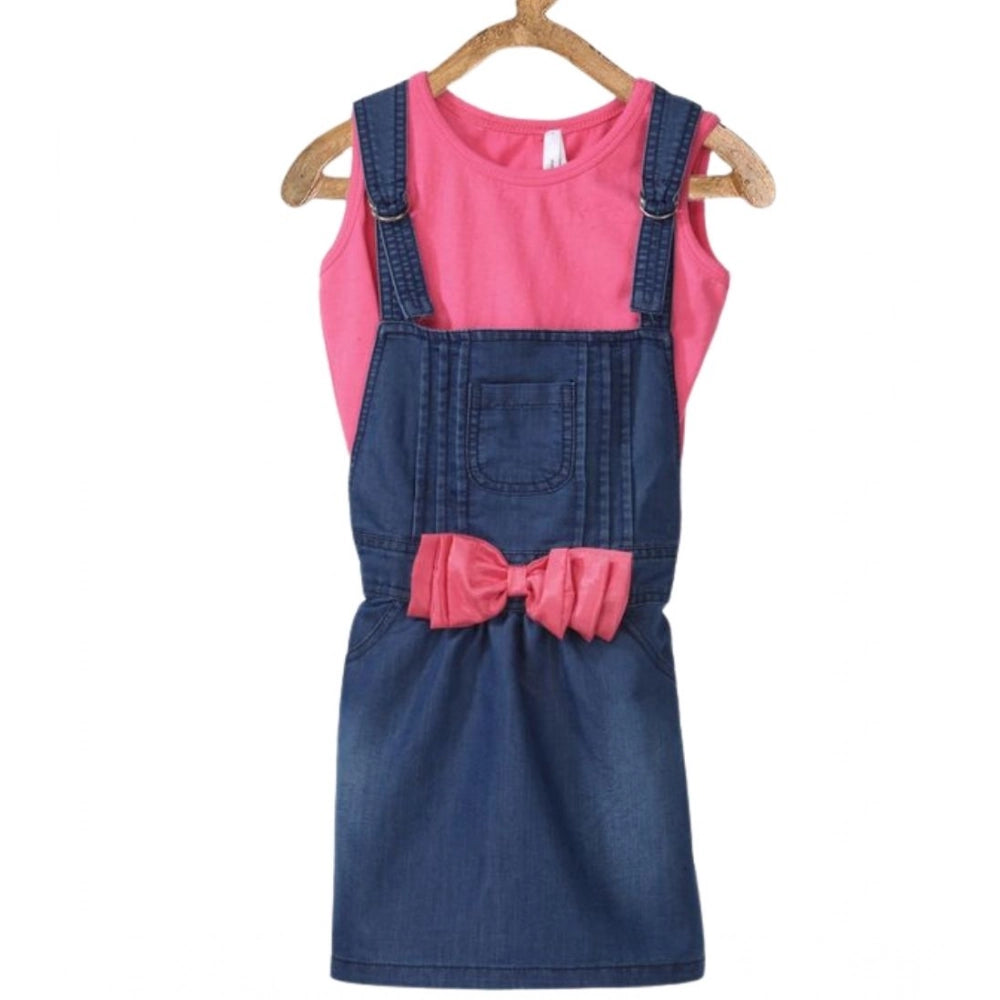 Girl's Denim &amp; Cotton Bow Sleeveless Dungaree - Pink