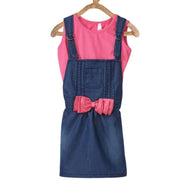 Girl's Denim &amp; Cotton Bow Sleeveless Dungaree - Pink