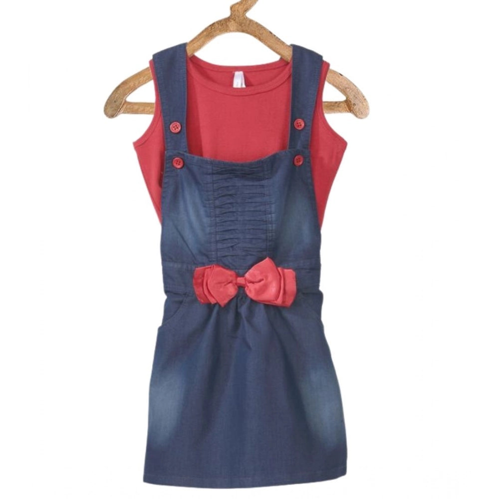 Girl's Denim &amp; Cotton Bow Sleeveless Dungaree - Red