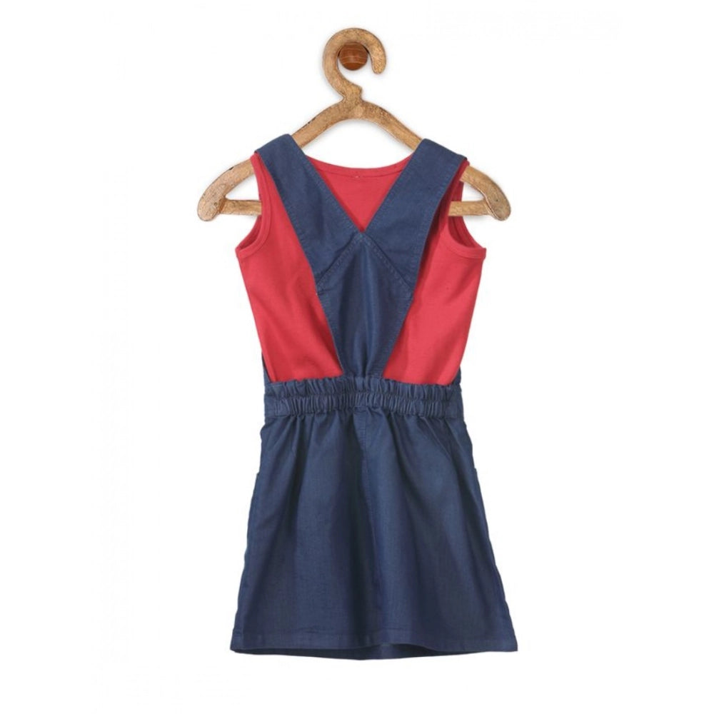 Girl's Denim &amp; Cotton Bow Sleeveless Dungaree - Red