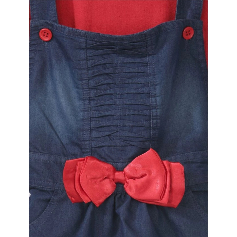 Girl's Denim &amp; Cotton Bow Sleeveless Dungaree - Red